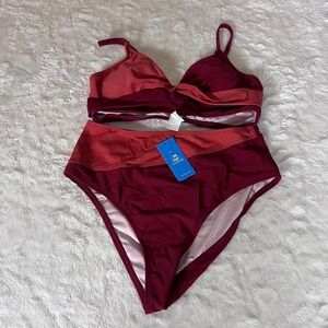 Cupshe Two Tone Color Block High Waisted Bikini Set Burgundy Coral Size Medium